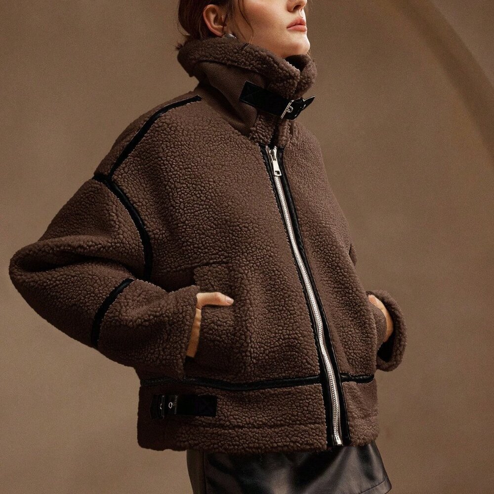 Coffee Brown Casual Women's Patchwork Jacket - Picture 1 of 8
